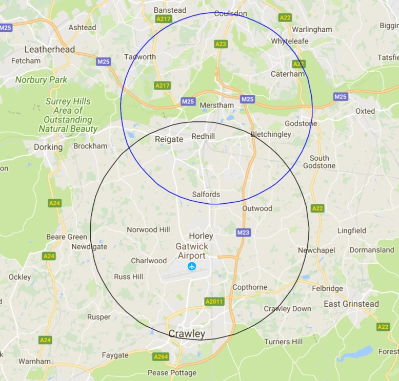 Map of the East Surrey area showing two circles of service area: one centred on Redhill and one on Horley